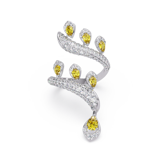 2.2 CTW Pear & Pavé Sculptural Bypass Colorstone Ring with Citrine Yellow stone in 14K White Gold – Lunéa Paris