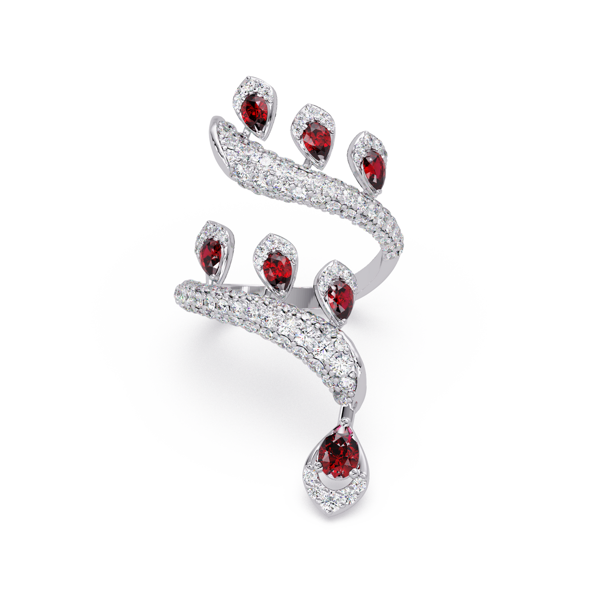 2.2 CTW Pear & Pavé Sculptural Bypass Colorstone Ring with Ruby Red stone in 14K White Gold – Lunéa Paris