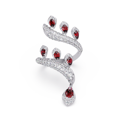 2.2 CTW Pear & Pavé Sculptural Bypass Colorstone Ring with Ruby Red stone in 14K White Gold – Lunéa Paris