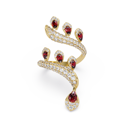 2.2 CTW Pear & Pavé Sculptural Bypass Colorstone Ring with Ruby Red stone in 14K Yellow Gold – Lunéa Paris