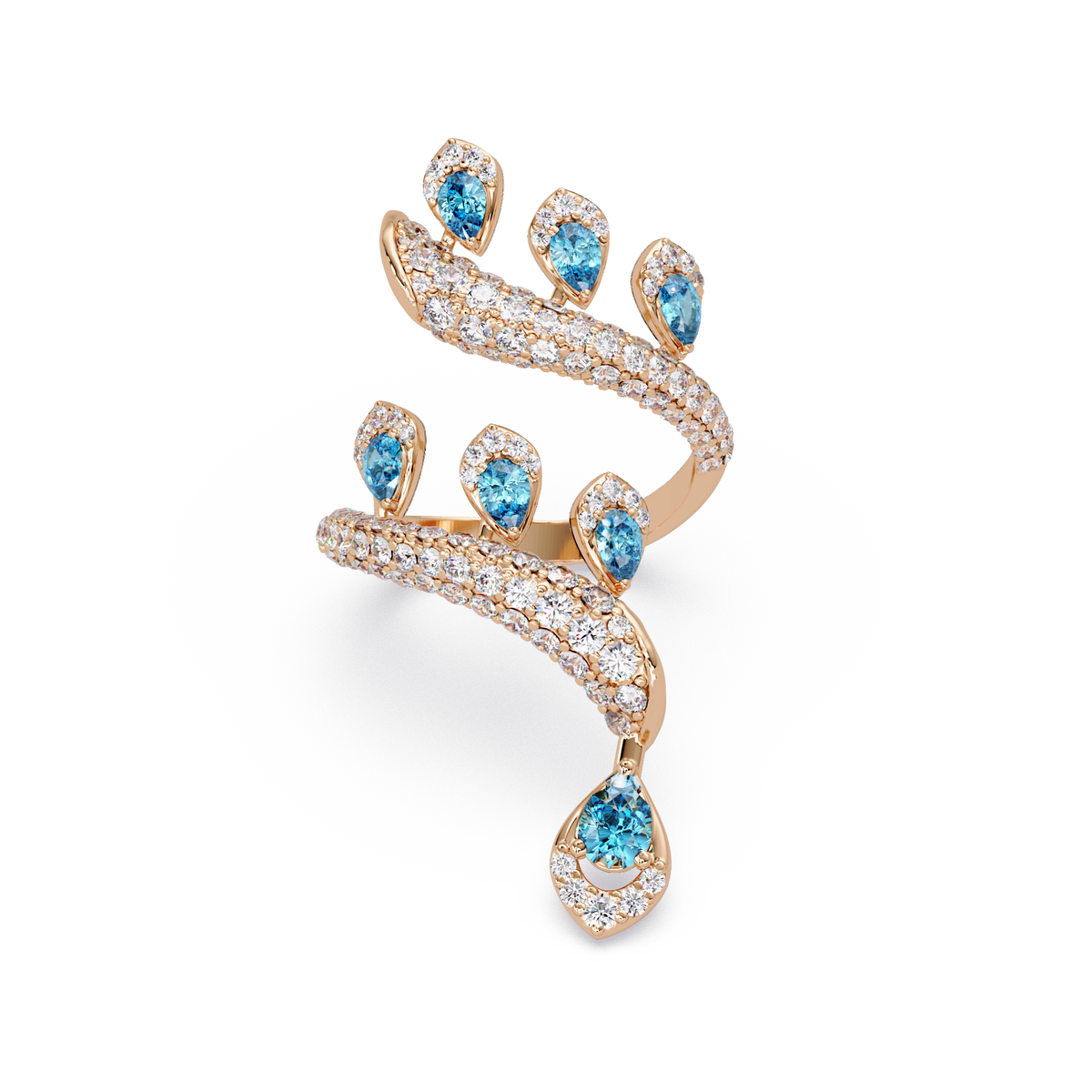 2.2 CTW Pear & Pavé Sculptural Bypass Colorstone Ring with Aquamarine Blue stone in 14K Rose Gold – Lunéa Paris