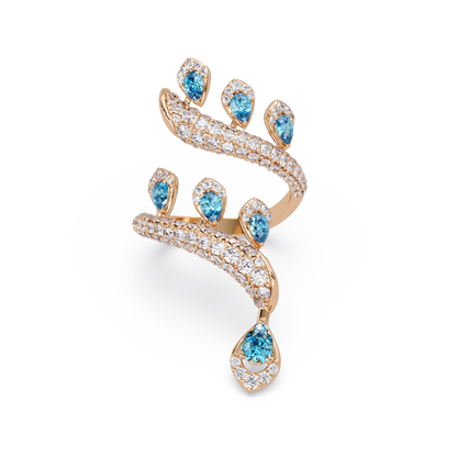 2.2 CTW Pear & Pavé Sculptural Bypass Colorstone Ring with Aquamarine Blue stone in 14K Rose Gold – Lunéa Paris