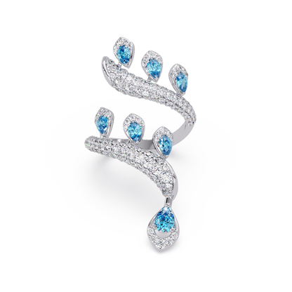 2.2 CTW Pear & Pavé Sculptural Bypass Colorstone Ring with Aquamarine Blue stone in 14K White Gold – Lunéa Paris