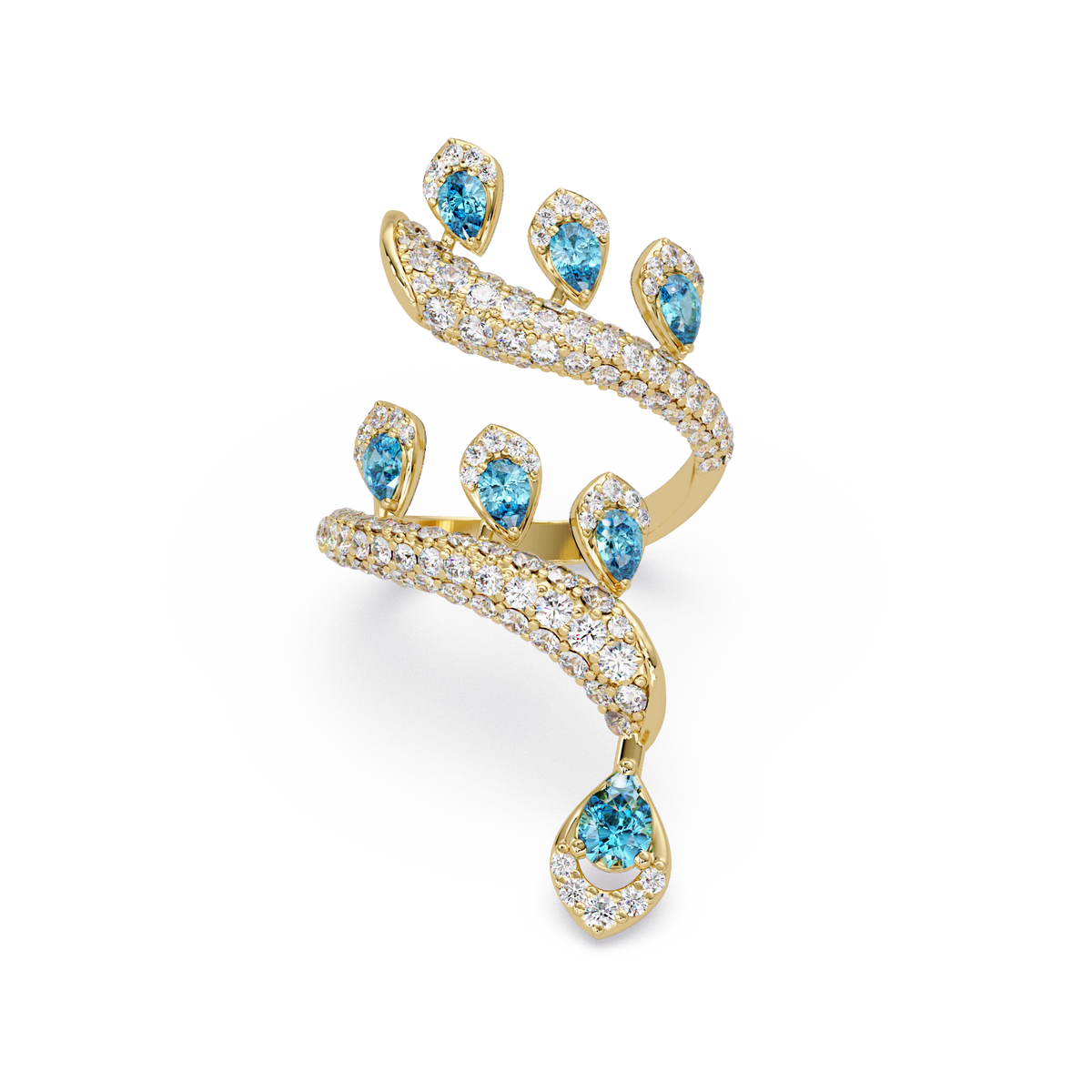 2.2 CTW Pear & Pavé Sculptural Bypass Colorstone Ring with Aquamarine Blue stone in 14K Yellow Gold – Lunéa Paris