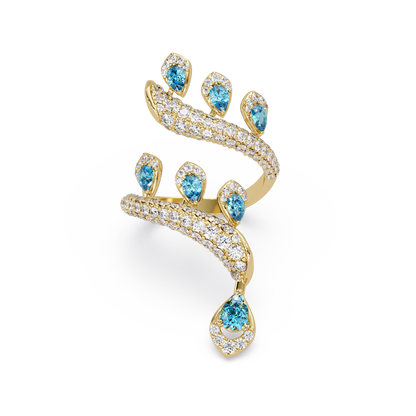 2.2 CTW Pear & Pavé Sculptural Bypass Colorstone Ring with Aquamarine Blue stone in 14K Yellow Gold – Lunéa Paris