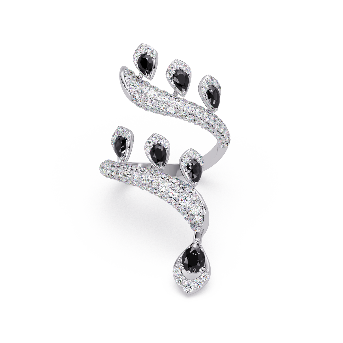 2.2 CTW Pear & Pavé Sculptural Bypass Colorstone Ring with Onyx stone in 14K White Gold – Lunéa Paris