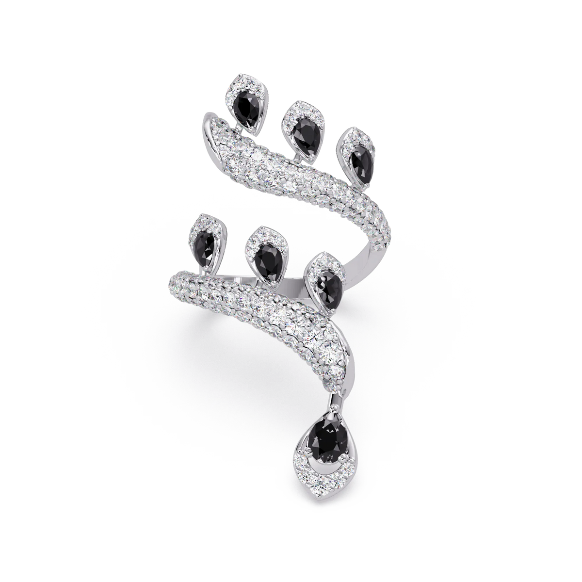 2.2 CTW Pear & Pavé Sculptural Bypass Colorstone Ring with Onyx stone in 14K White Gold – Lunéa Paris