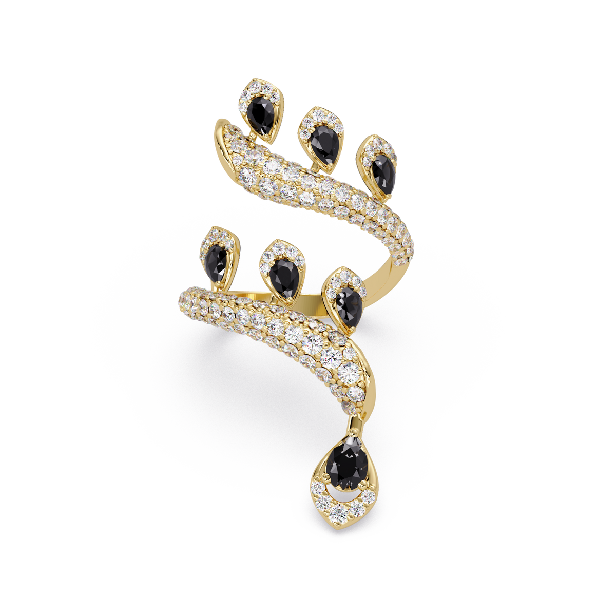 2.2 CTW Pear & Pavé Sculptural Bypass Colorstone Ring with Onyx stone in 14K Yellow Gold – Lunéa Paris