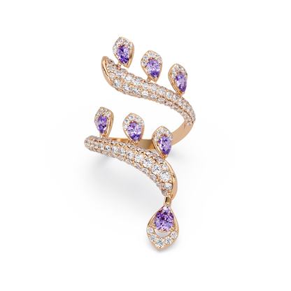 2.2 CTW Pear & Pavé Sculptural Bypass Colorstone Ring with Amethyst Purple stone in 14K Rose Gold – Lunéa Paris