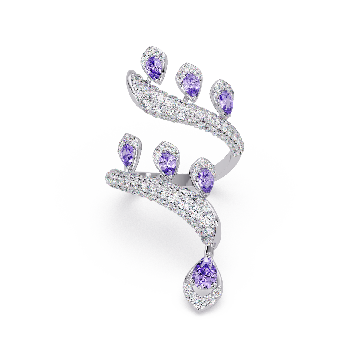 2.2 CTW Pear & Pavé Sculptural Bypass Colorstone Ring with Amethyst Purple stone in 14K White Gold – Lunéa Paris