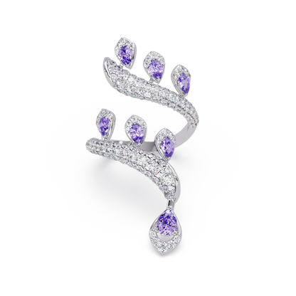 2.2 CTW Pear & Pavé Sculptural Bypass Colorstone Ring with Amethyst Purple stone in 14K White Gold – Lunéa Paris