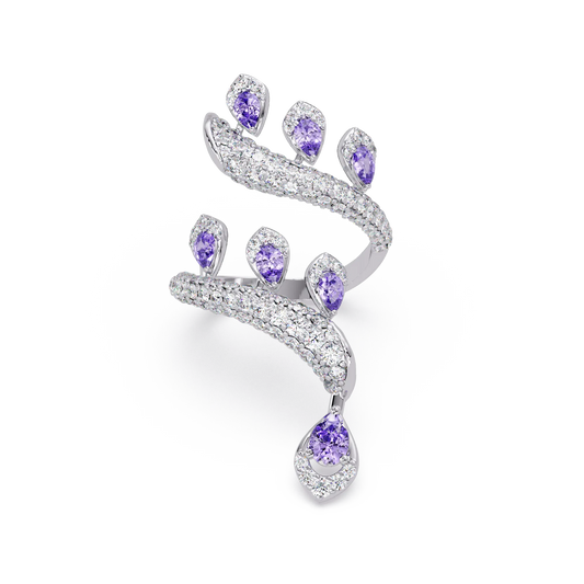 2.2 CTW Pear & Pavé Sculptural Bypass Colorstone Ring with Amethyst Purple stone in 14K White Gold – Lunéa Paris