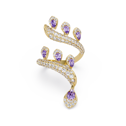 2.2 CTW Pear & Pavé Sculptural Bypass Colorstone Ring with Amethyst Purple stone in 14K Yellow Gold – Lunéa Paris