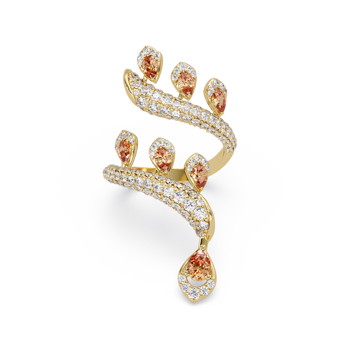2.2 CTW Pear & Pavé Sculptural Bypass Colorstone Ring with Champagne Topaz stone in 14K Yellow Gold – Lunéa Paris