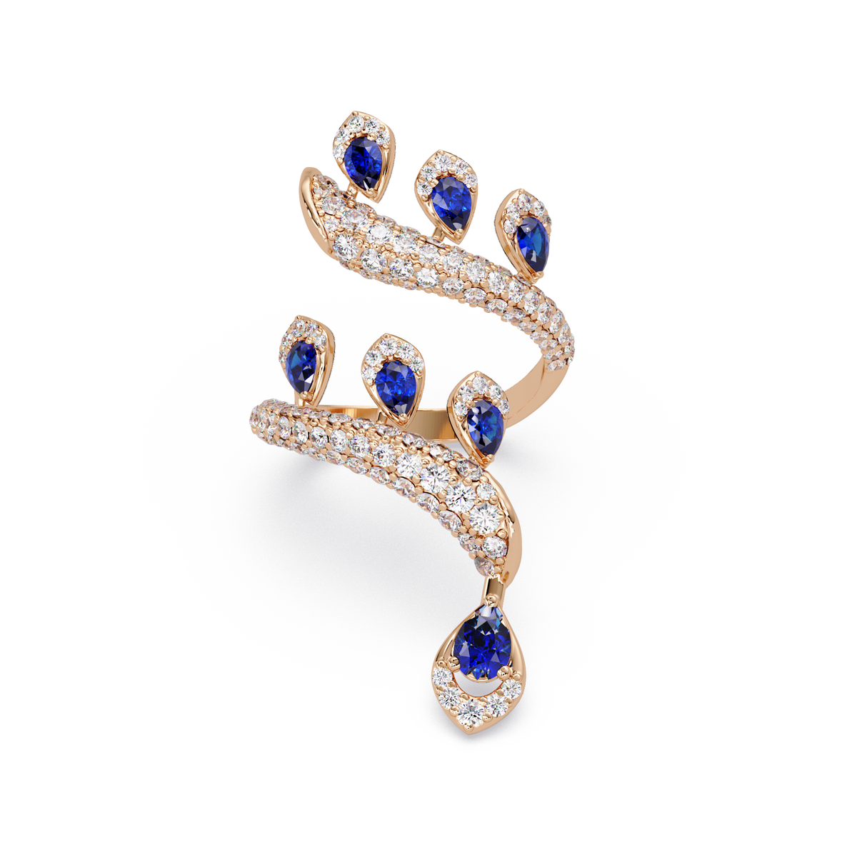 2.2 CTW Pear & Pavé Sculptural Bypass Colorstone Ring with Sapphire Blue stone in 14K Rose Gold – Lunéa Paris