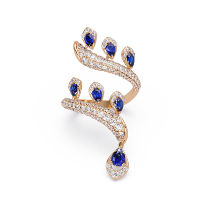 2.2 CTW Pear & Pavé Sculptural Bypass Colorstone Ring with Sapphire Blue stone in 14K Rose Gold – Lunéa Paris