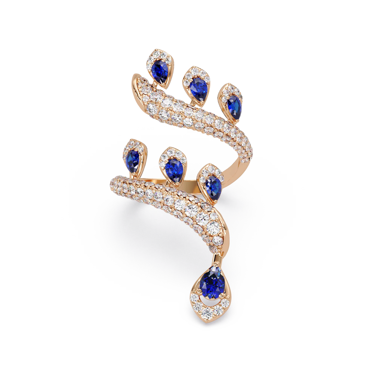 2.2 CTW Pear & Pavé Sculptural Bypass Colorstone Ring with Sapphire Blue stone in 14K Rose Gold – Lunéa Paris