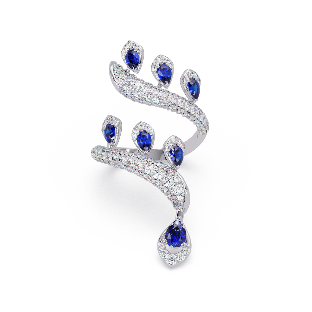 2.2 CTW Pear & Pavé Sculptural Bypass Colorstone Ring with Sapphire Blue stone in 14K White Gold – Lunéa Paris