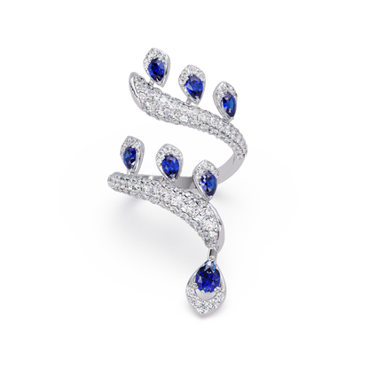 2.2 CTW Pear & Pavé Sculptural Bypass Colorstone Ring with Sapphire Blue stone in 14K White Gold – Lunéa Paris