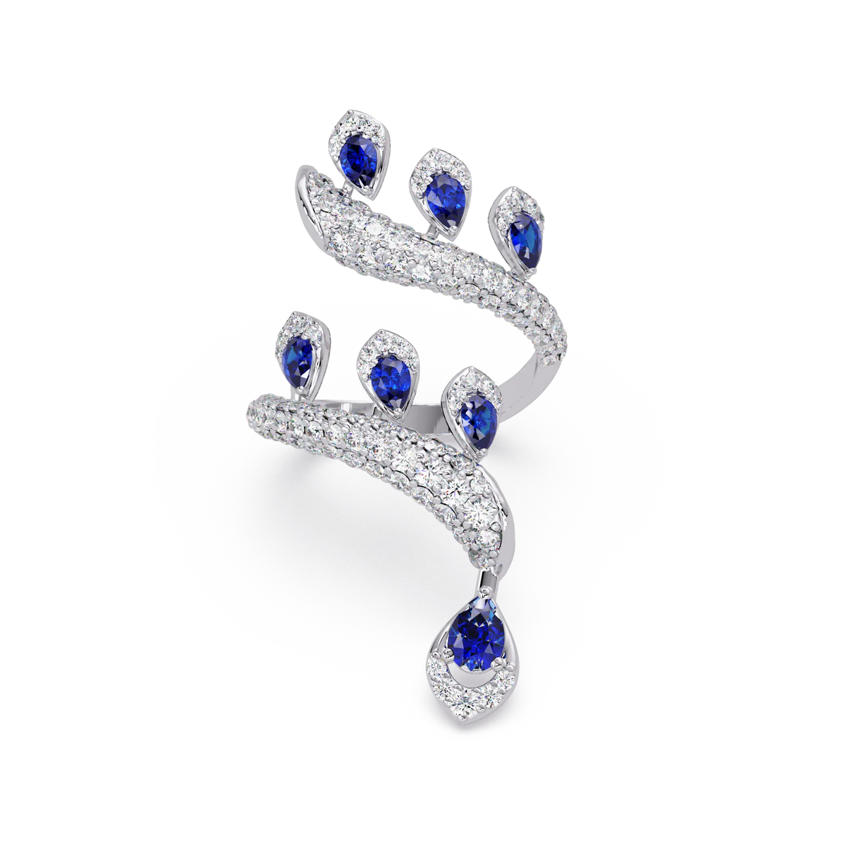 2.2 CTW Pear & Pavé Sculptural Bypass Colorstone Ring with Sapphire Blue stone in 14K White Gold – Lunéa Paris
