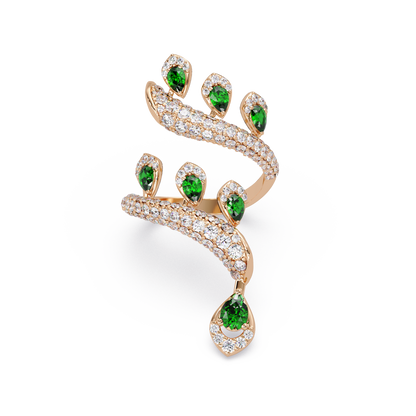 2.2 CTW Pear & Pavé Sculptural Bypass Colorstone Ring with Emerald Green stone in 14K Rose Gold – Lunéa Paris