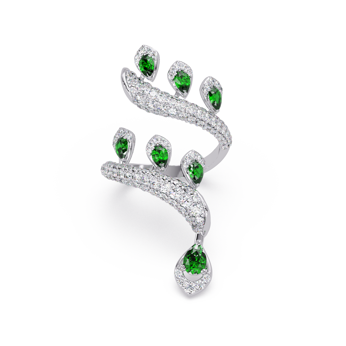 2.2 CTW Pear & Pavé Sculptural Bypass Colorstone Ring with Emerald Green stone in 14K White Gold – Lunéa Paris