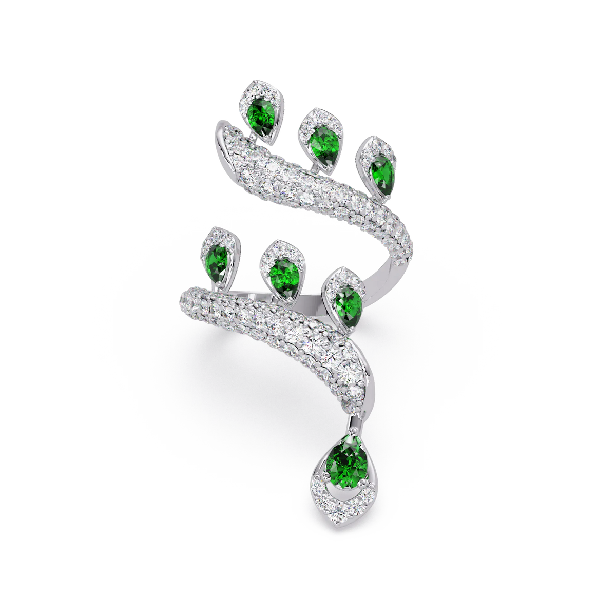 2.2 CTW Pear & Pavé Sculptural Bypass Colorstone Ring with Emerald Green stone in 14K White Gold – Lunéa Paris