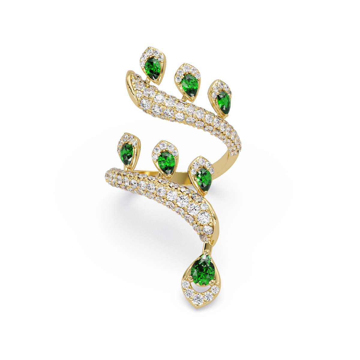 2.2 CTW Pear & Pavé Sculptural Bypass Colorstone Ring with Emerald Green stone in 14K Yellow Gold – Lunéa Paris