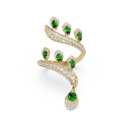 2.2 CTW Pear & Pavé Sculptural Bypass Colorstone Ring with Emerald Green stone in 14K Yellow Gold – Lunéa Paris