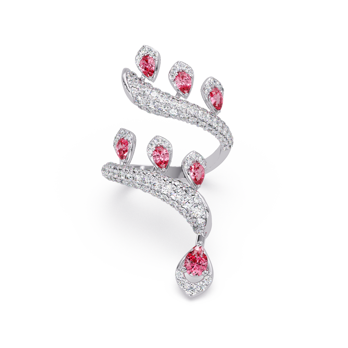 2.2 CTW Pear & Pavé Sculptural Bypass Colorstone Ring with Tourmaline Pink stone in 14K White Gold – Lunéa Paris