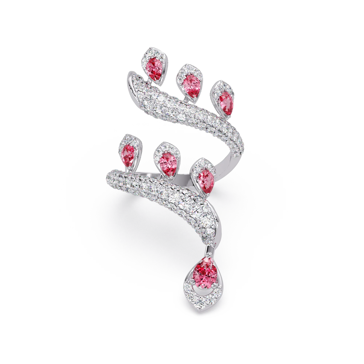 2.2 CTW Pear & Pavé Sculptural Bypass Colorstone Ring with Tourmaline Pink stone in 14K White Gold – Lunéa Paris