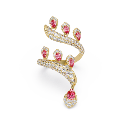2.2 CTW Pear & Pavé Sculptural Bypass Colorstone Ring with Tourmaline Pink stone in 14K Yellow Gold – Lunéa Paris