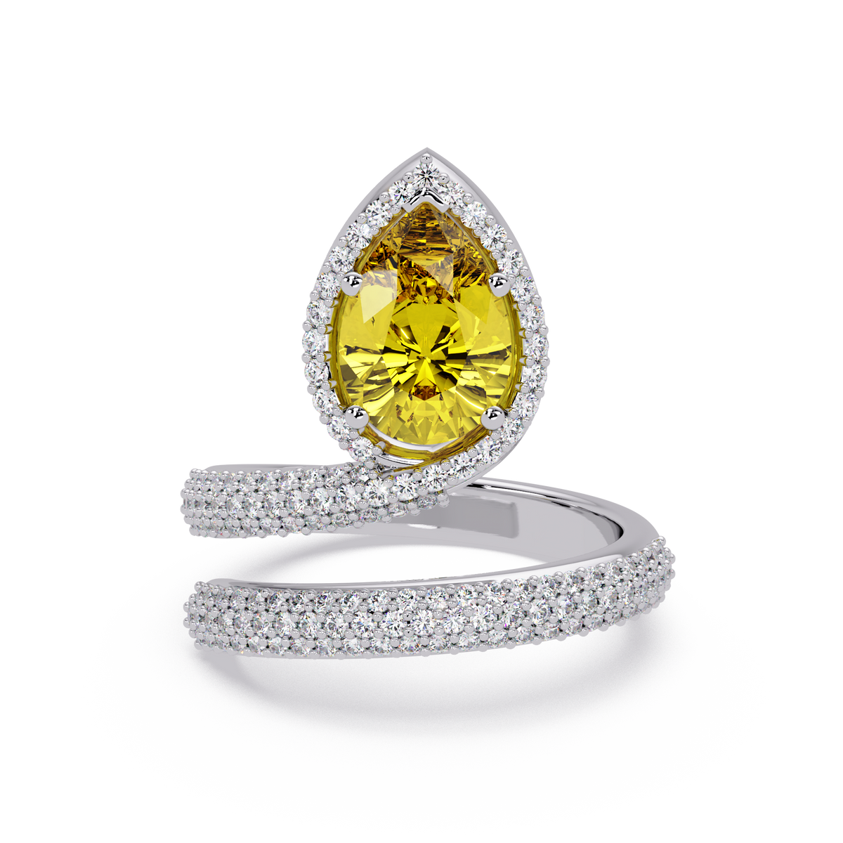 1.8 CTW Pear Halo Pavé Wrap Colorstone Ring with Citrine Yellow stone in 14K White Gold – Lunéa Paris