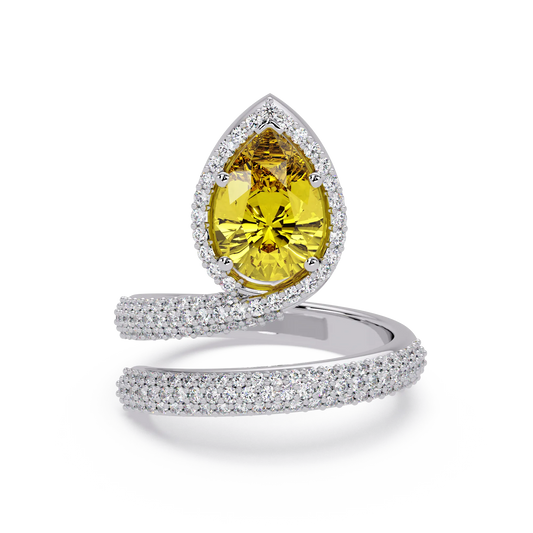 1.8 CTW Pear Halo Pavé Wrap Colorstone Ring with Citrine Yellow stone in 14K White Gold – Lunéa Paris