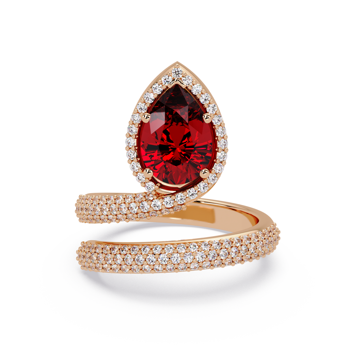 1.8 CTW Pear Halo Pavé Wrap Colorstone Ring with Ruby Red stone in 14K Rose Gold – Lunéa Paris