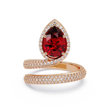 1.8 CTW Pear Halo Pavé Wrap Colorstone Ring with Ruby Red stone in 14K Rose Gold – Lunéa Paris