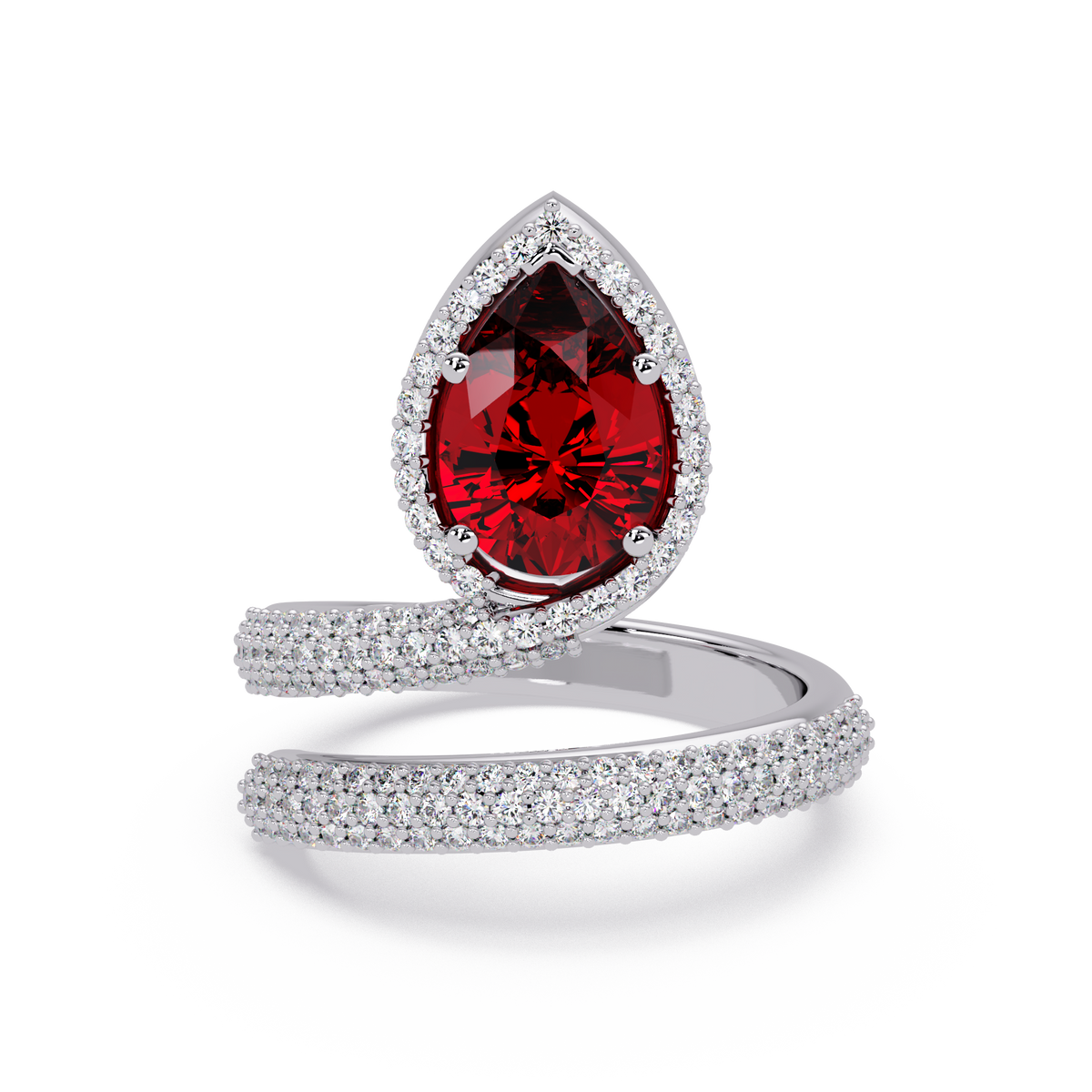 1.8 CTW Pear Halo Pavé Wrap Colorstone Ring with Ruby Red stone in 14K White Gold – Lunéa Paris