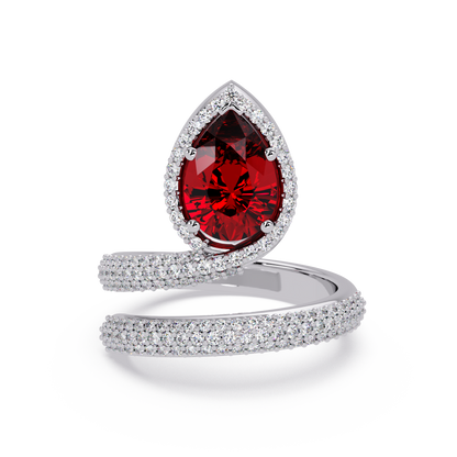 1.8 CTW Pear Halo Pavé Wrap Colorstone Ring with Ruby Red stone in 14K White Gold – Lunéa Paris