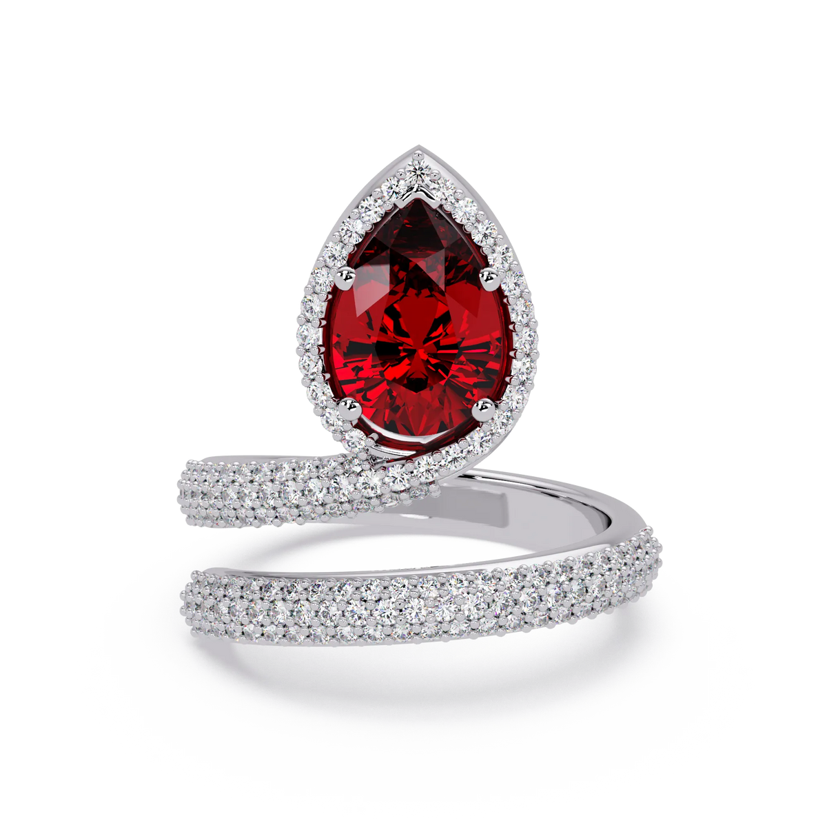 1.8 CTW Pear Halo Pavé Wrap Colorstone Ring with Ruby Red stone in 14K White Gold – Lunéa Paris