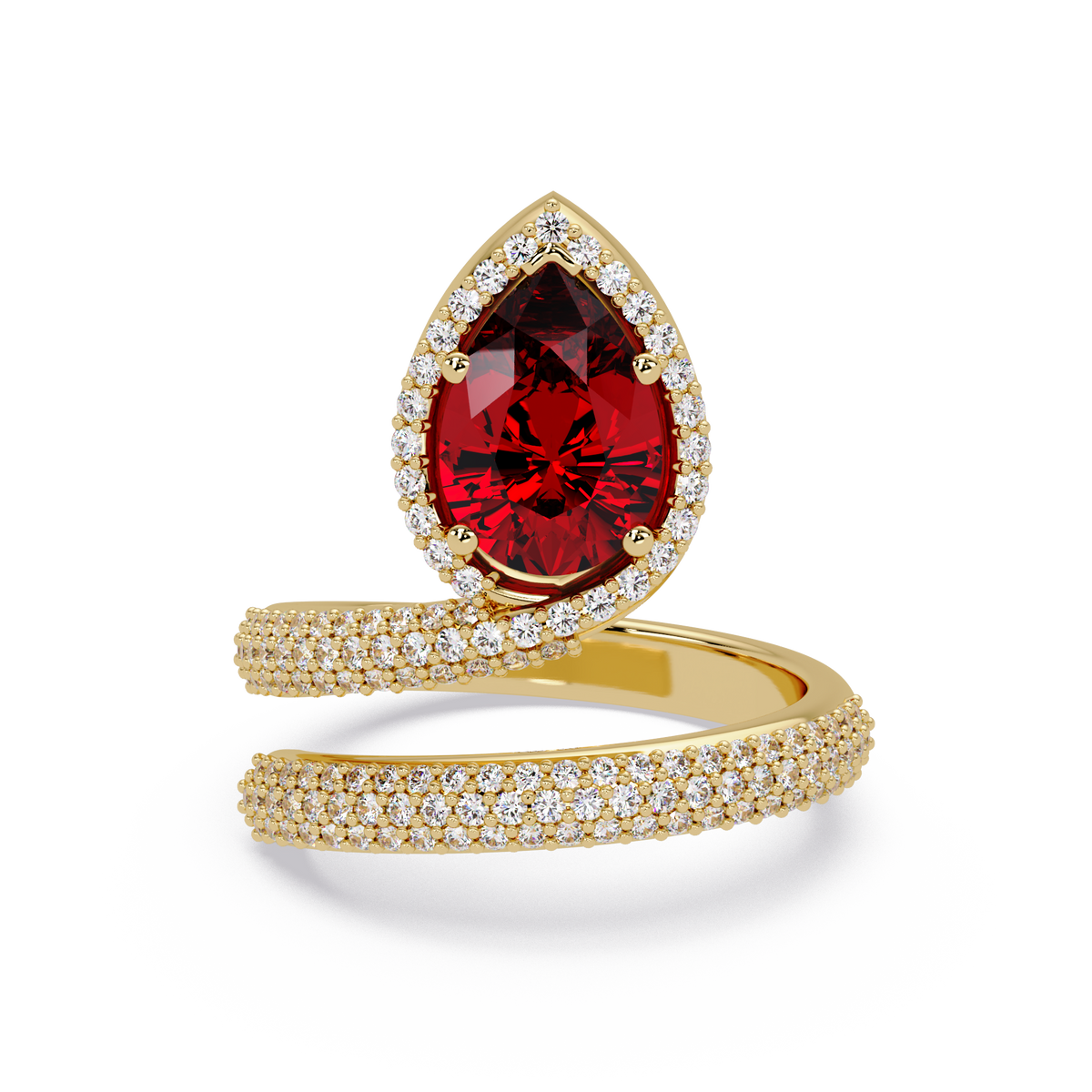 1.8 CTW Pear Halo Pavé Wrap Colorstone Ring with Ruby Red stone in 14K Yellow Gold – Lunéa Paris