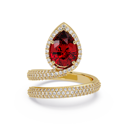 1.8 CTW Pear Halo Pavé Wrap Colorstone Ring with Ruby Red stone in 14K Yellow Gold – Lunéa Paris