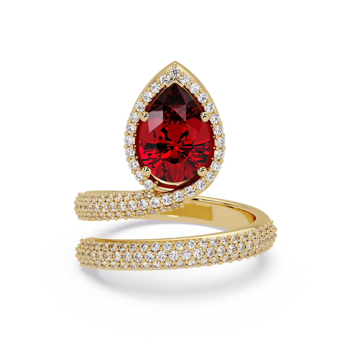 1.8 CTW Pear Halo Pavé Wrap Colorstone Ring with Ruby Red stone in 14K Yellow Gold – Lunéa Paris