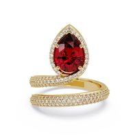 1.8 CTW Pear Halo Pavé Wrap Colorstone Ring with Ruby Red stone in 14K Yellow Gold – Lunéa Paris