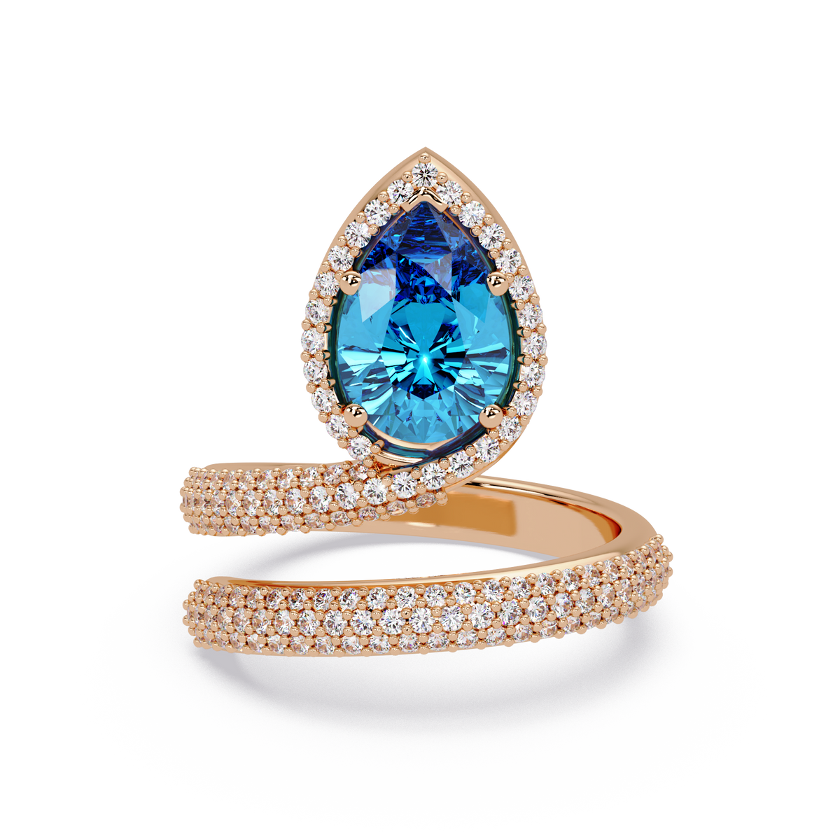 1.8 CTW Pear Halo Pavé Wrap Colorstone Ring with Aquamarine Blue stone in 14K Rose Gold – Lunéa Paris