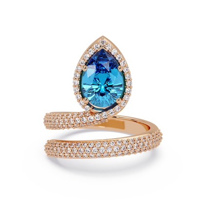 1.8 CTW Pear Halo Pavé Wrap Colorstone Ring with Aquamarine Blue stone in 14K Rose Gold – Lunéa Paris