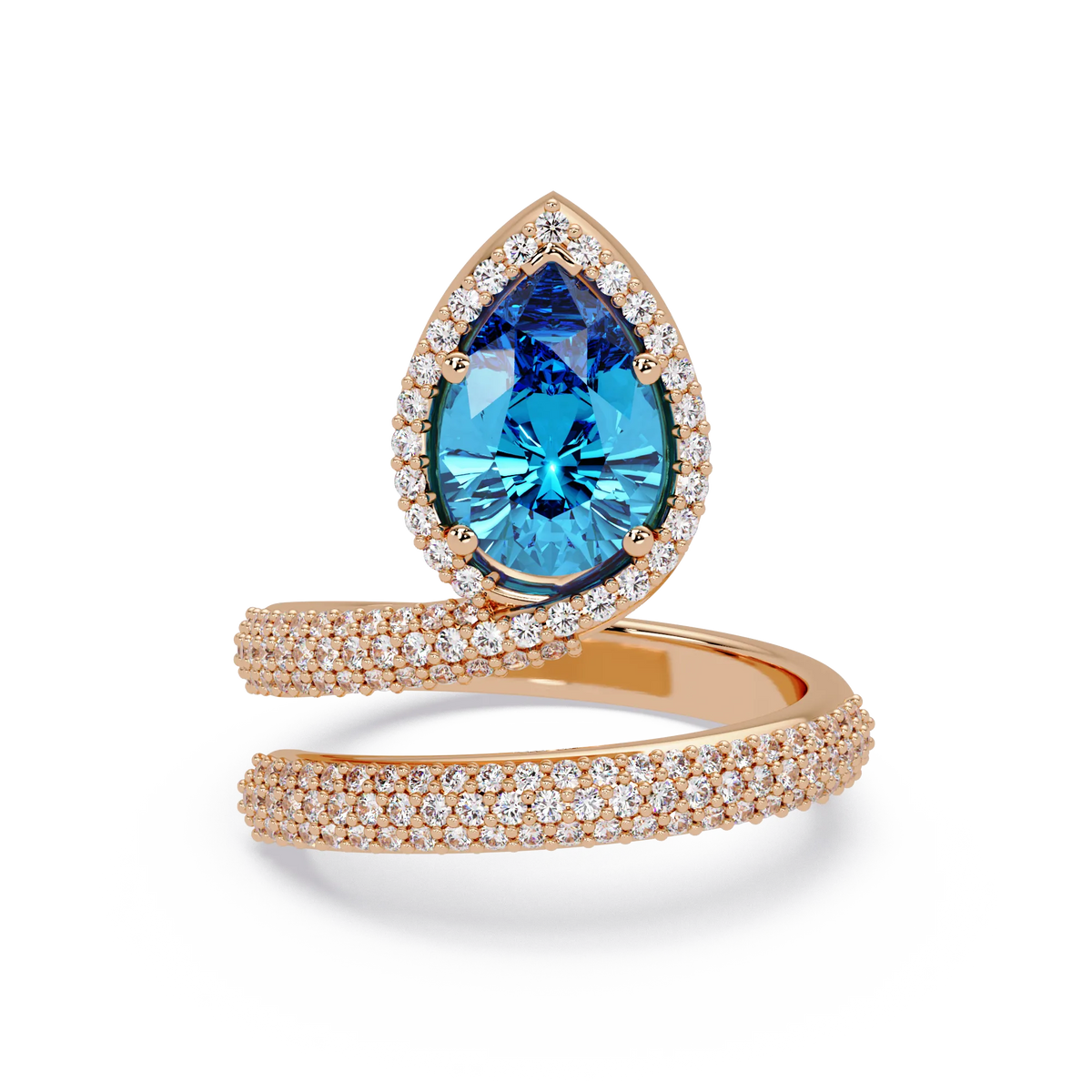 1.8 CTW Pear Halo Pavé Wrap Colorstone Ring with Aquamarine Blue stone in 14K Rose Gold – Lunéa Paris