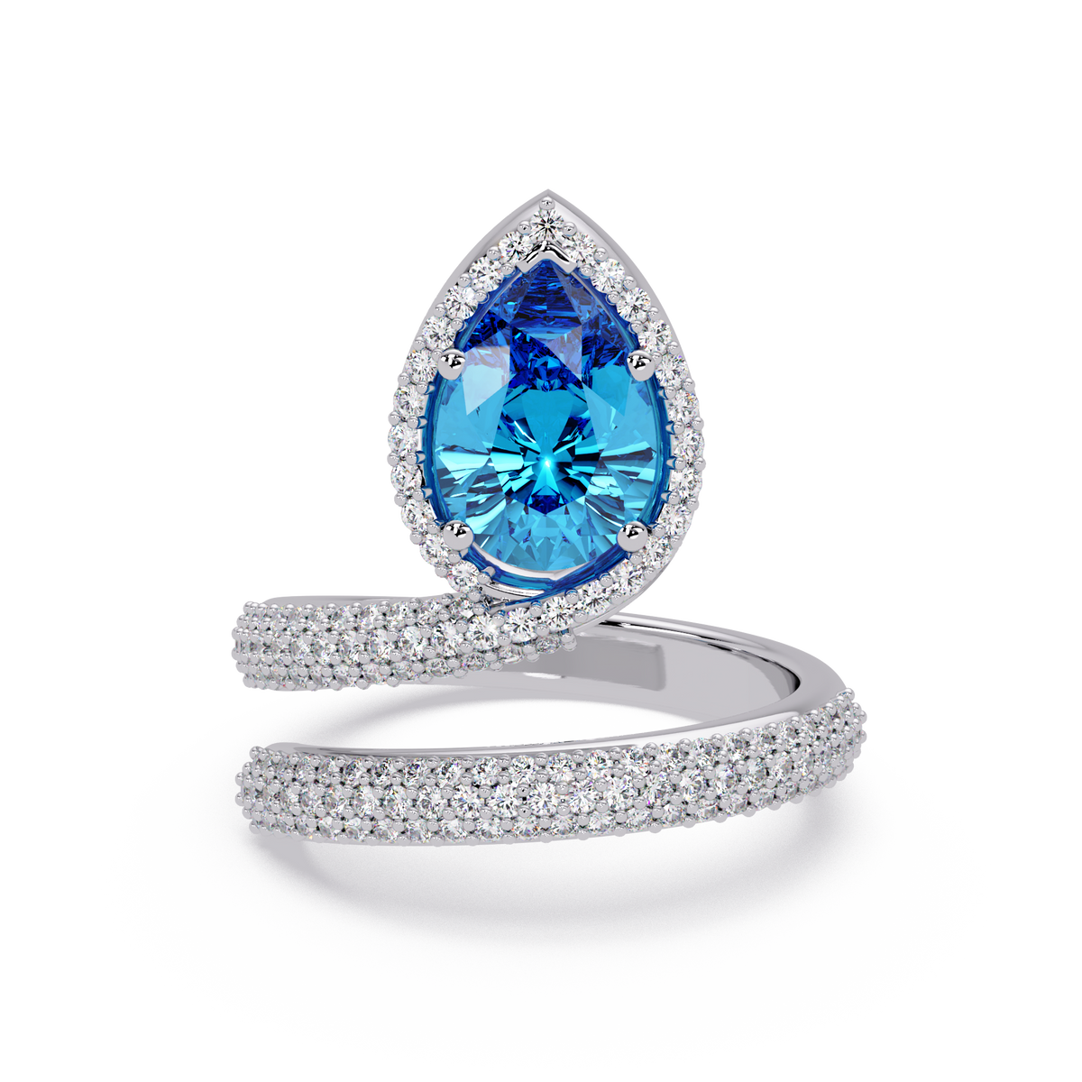 1.8 CTW Pear Halo Pavé Wrap Colorstone Ring with Aquamarine Blue stone in 14K White Gold – Lunéa Paris