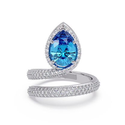 1.8 CTW Pear Halo Pavé Wrap Colorstone Ring with Aquamarine Blue stone in 14K White Gold – Lunéa Paris