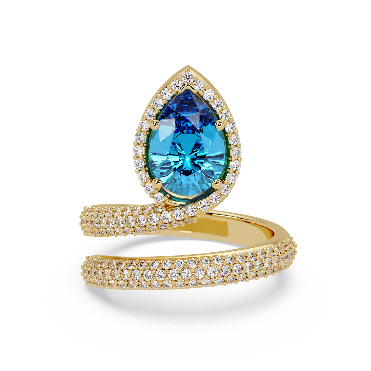 1.8 CTW Pear Halo Pavé Wrap Colorstone Ring with Aquamarine Blue stone in 14K Yellow Gold – Lunéa Paris