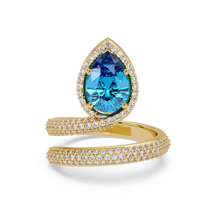 1.8 CTW Pear Halo Pavé Wrap Colorstone Ring with Aquamarine Blue stone in 14K Yellow Gold – Lunéa Paris